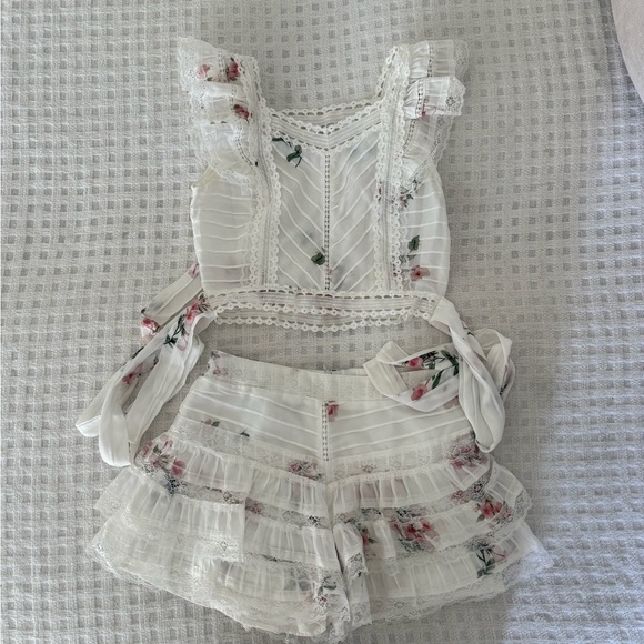 None Dresses & Skirts - Floral Lace Ruffle Top and Shorts Set